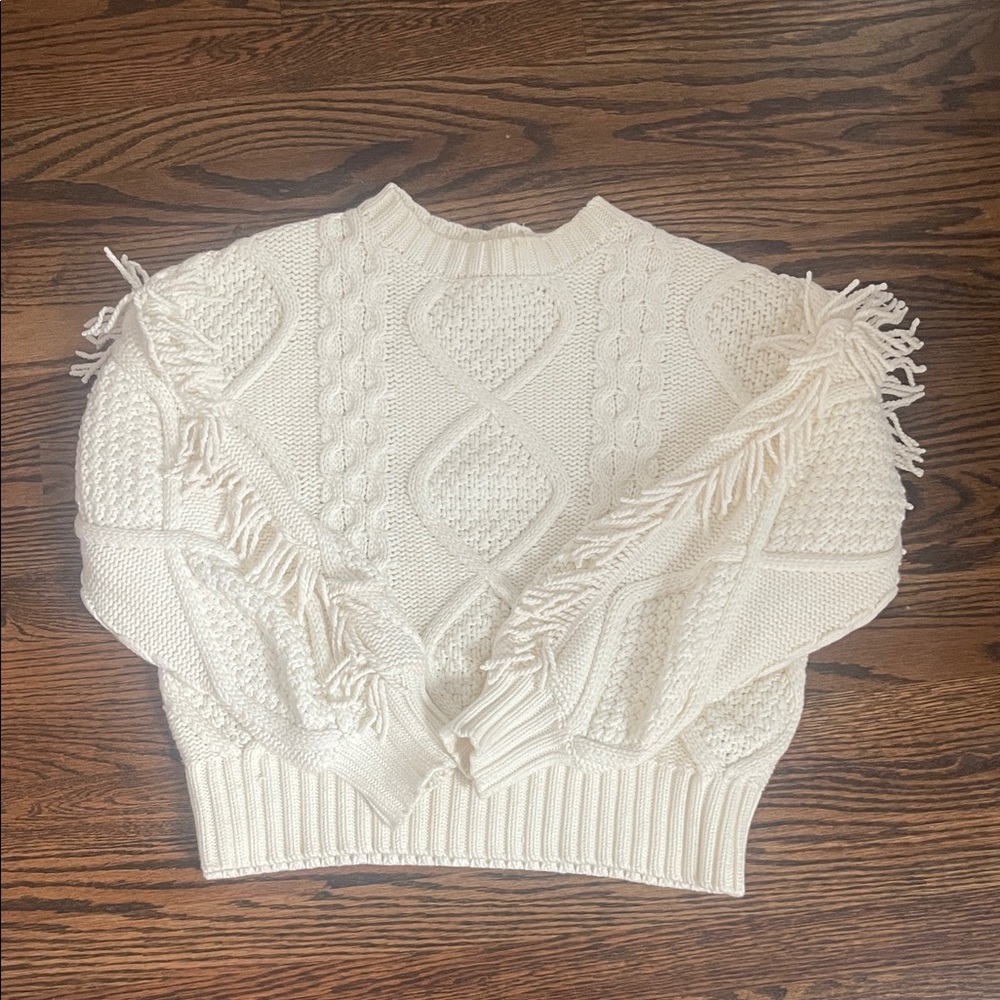 Line & Dot Textured Cream Sweater with Fringe